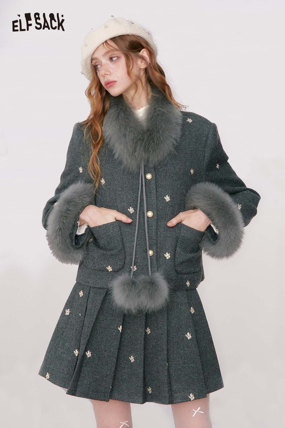 ELFSACK Preppy Embroidered Plush Cuff Collar Pom Pom Jacket Skirt Set