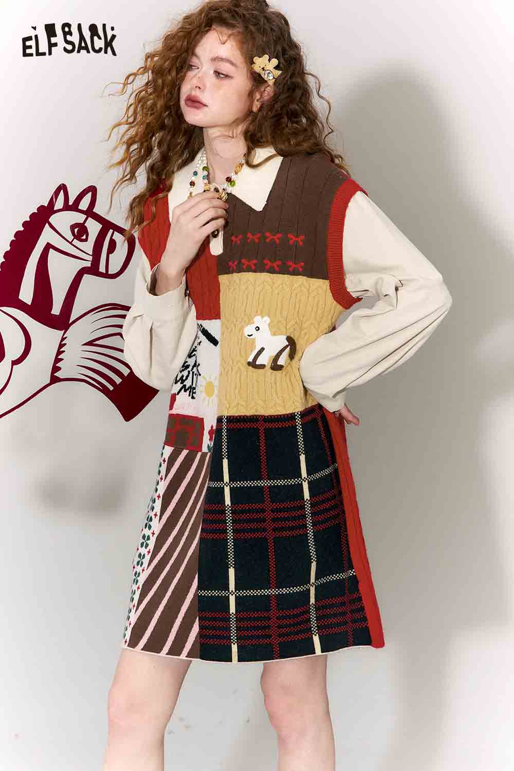 ELFSACK Casual Preppy Polo Collar Loose Patchwork Color Block Dress
