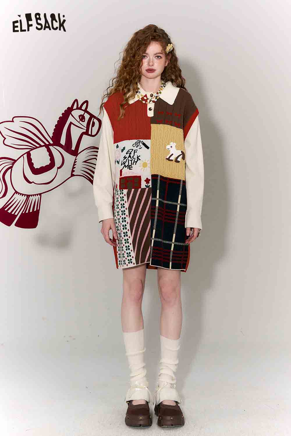 ELFSACK Casual Preppy Polo Collar Loose Patchwork Color Block Dress