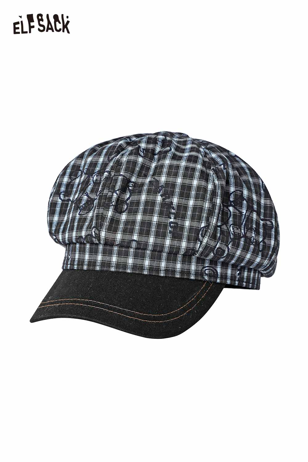 ELFSACK Preppy Plaid Beret with Cartoon Print