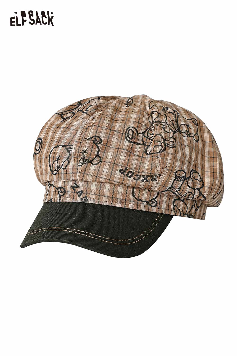ELFSACK Preppy Plaid Beret with Cartoon Print
