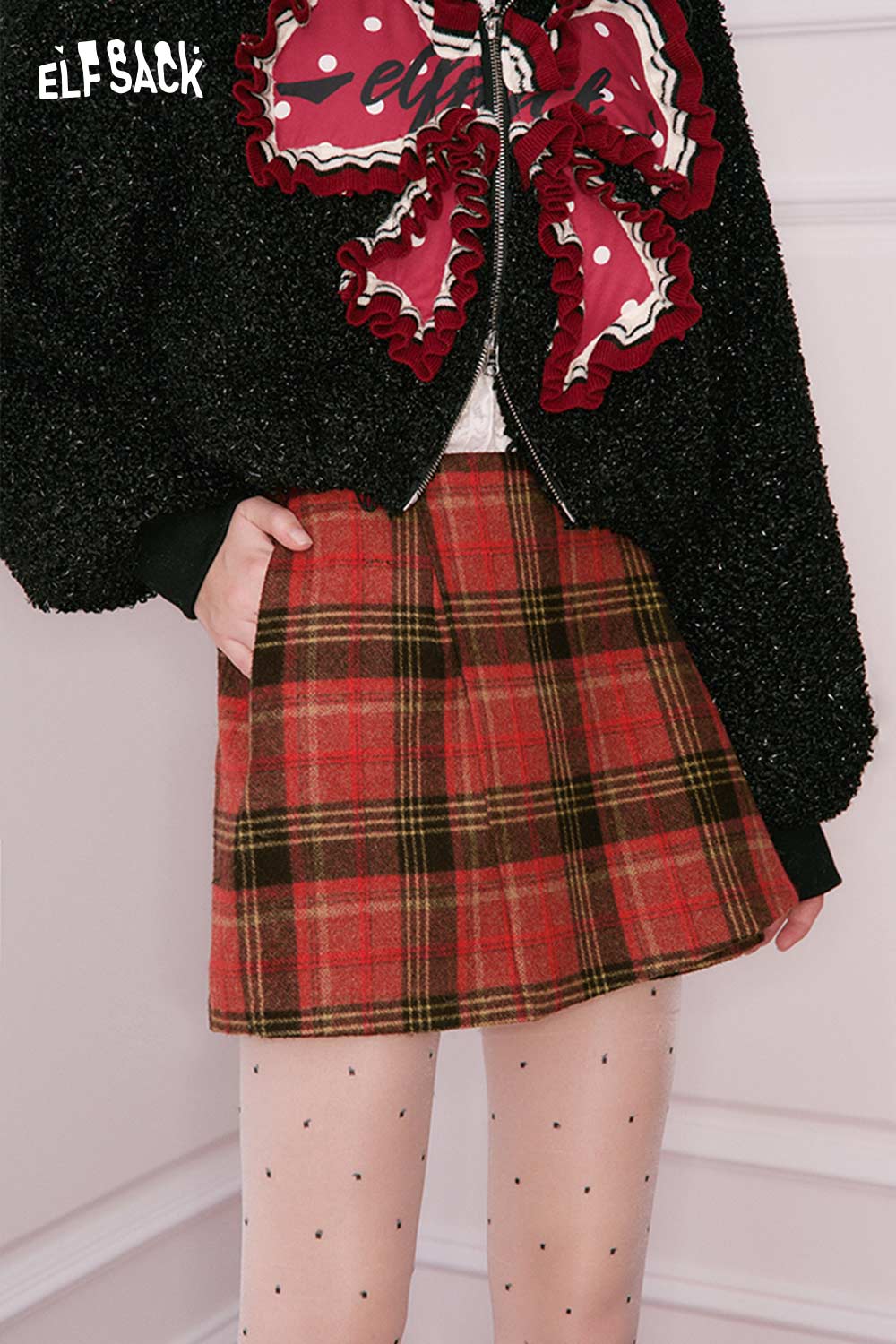 ELFSACK Preppy Red Black Check A Line Short Culottes Skirt