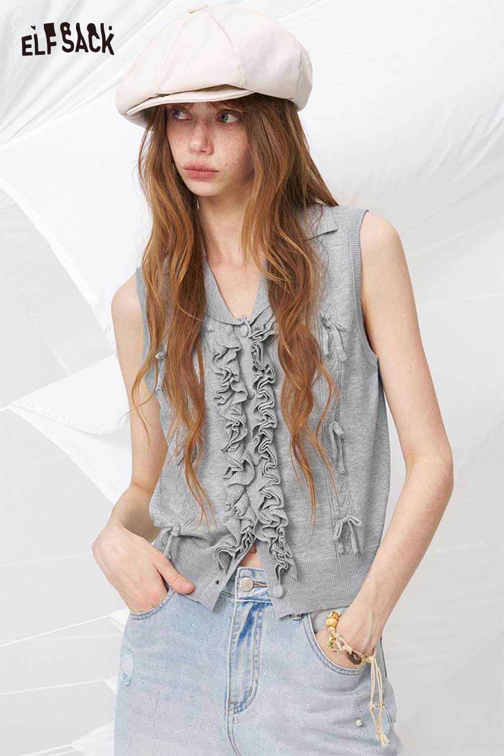 ELFSACK Preppy Ruffle Bow Knit Vest