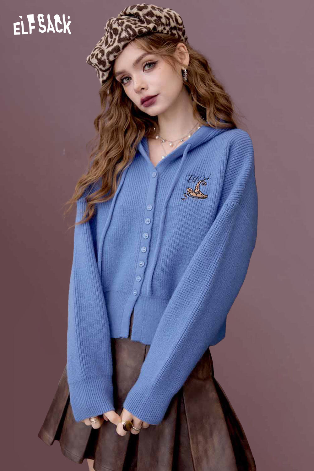 ELFSACK Preppy Soft Embroidery Cropped Hooded Knit Cardigan