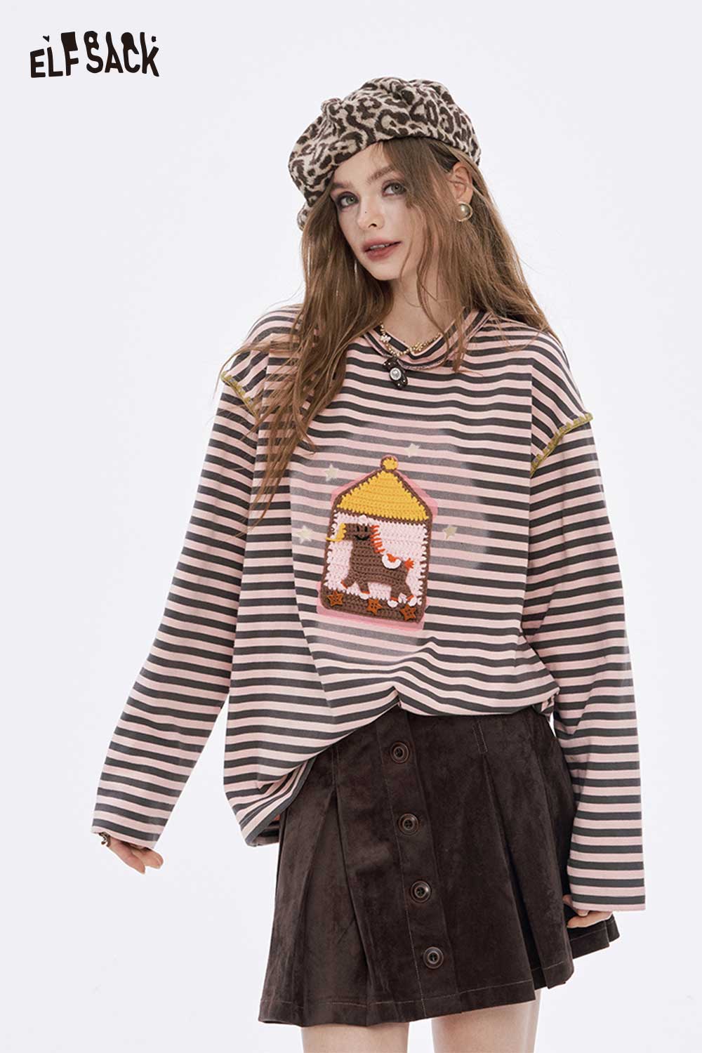 ELFSACK Soft Casual Loose Preppy Stripe Graphic Round Neck Tshirt