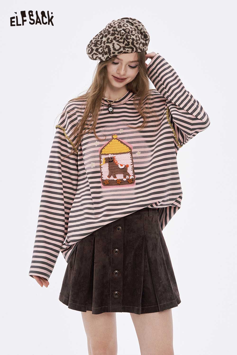 ELFSACK Soft Casual Loose Preppy Stripe Graphic Round Neck Tshirt