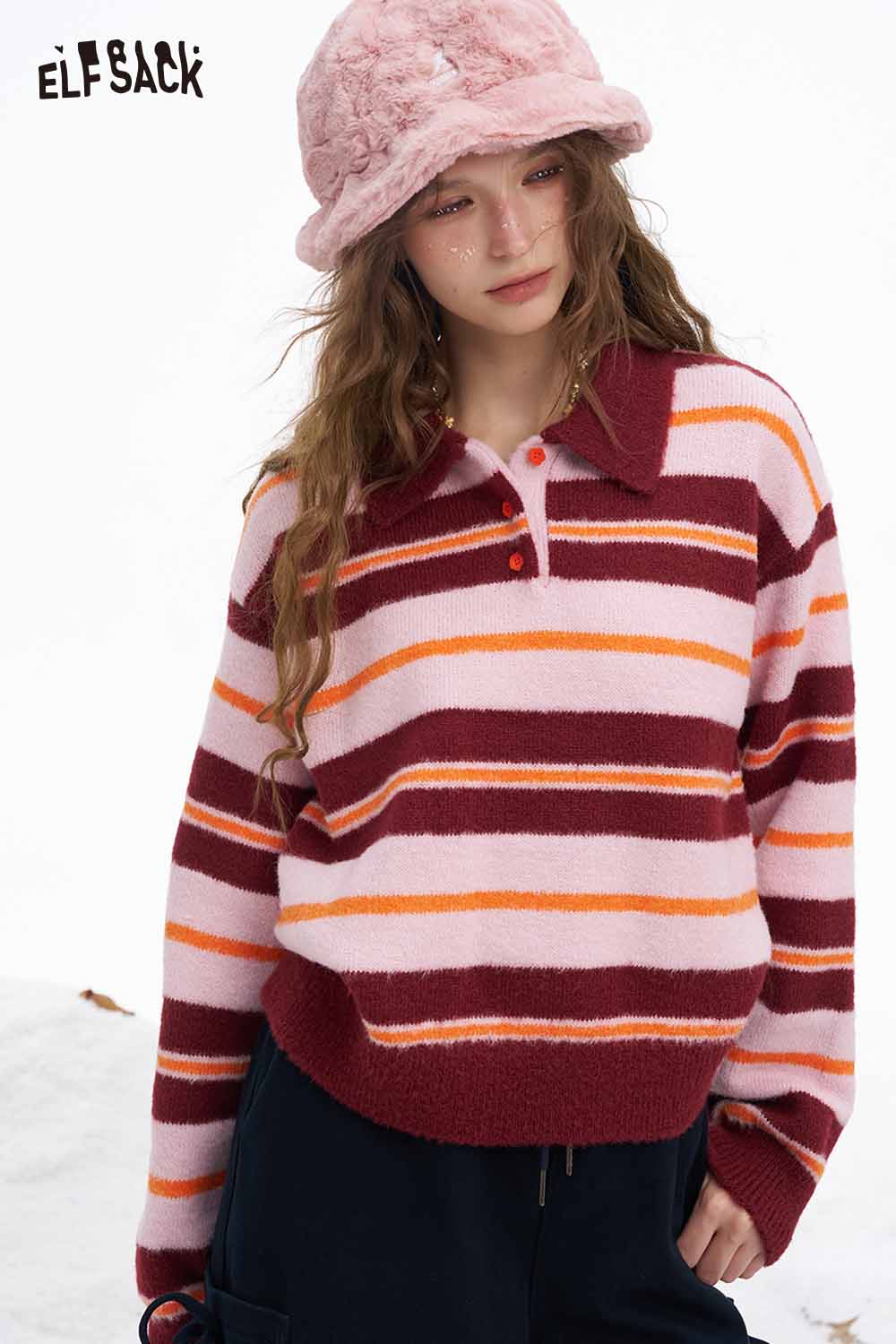 ELFSACK Soft Preppy Casual Stripe Polo Shirt Collar Flower Button Sweater