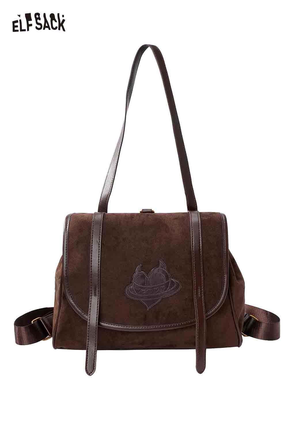 ELFSACK Preppy Suede Solid Heart Embroidery Backpack