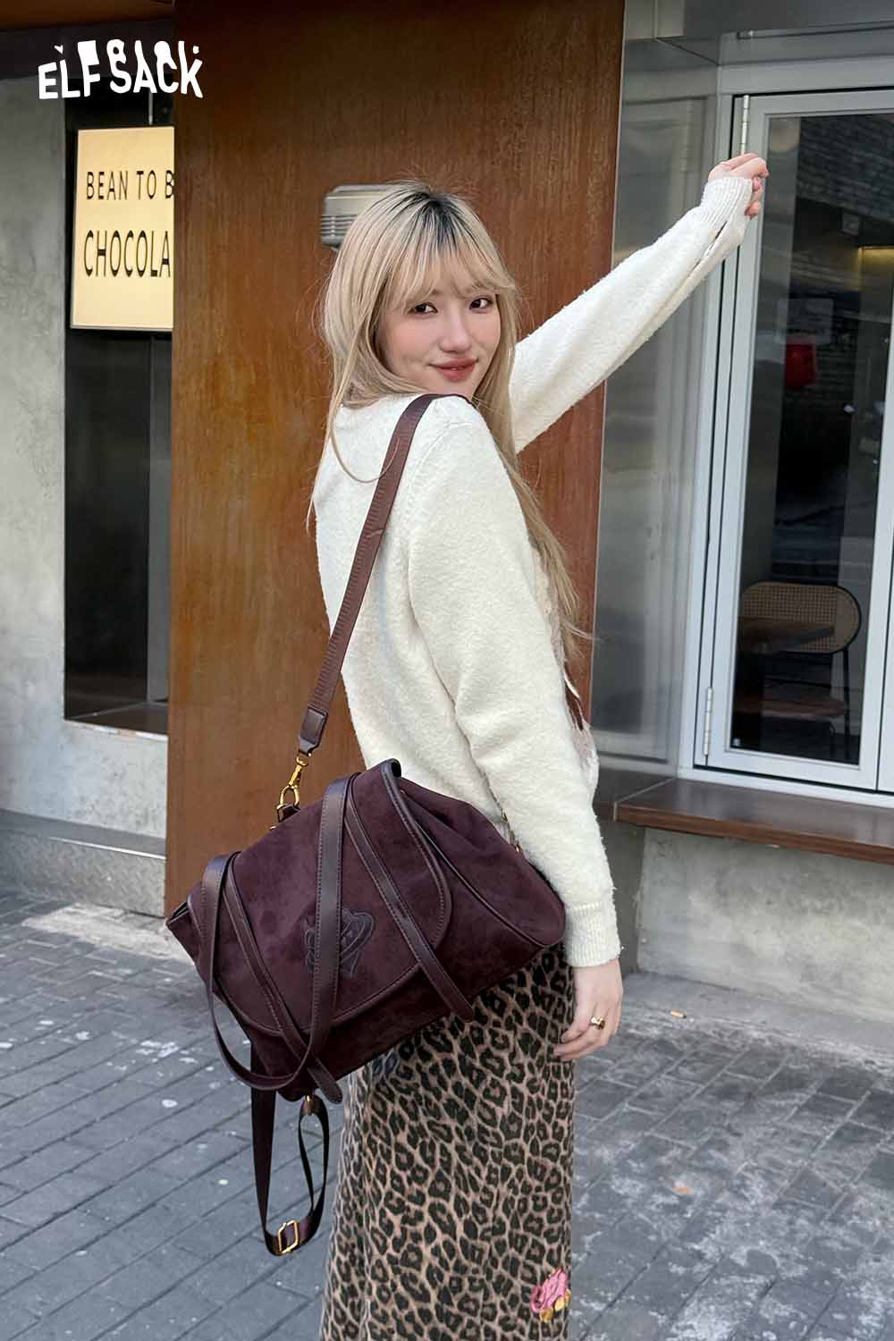 ELFSACK Preppy Suede Solid Heart Embroidery Backpack