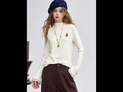 Soft Animal Embroidered Long Sleeve Half Neck Tshirt
