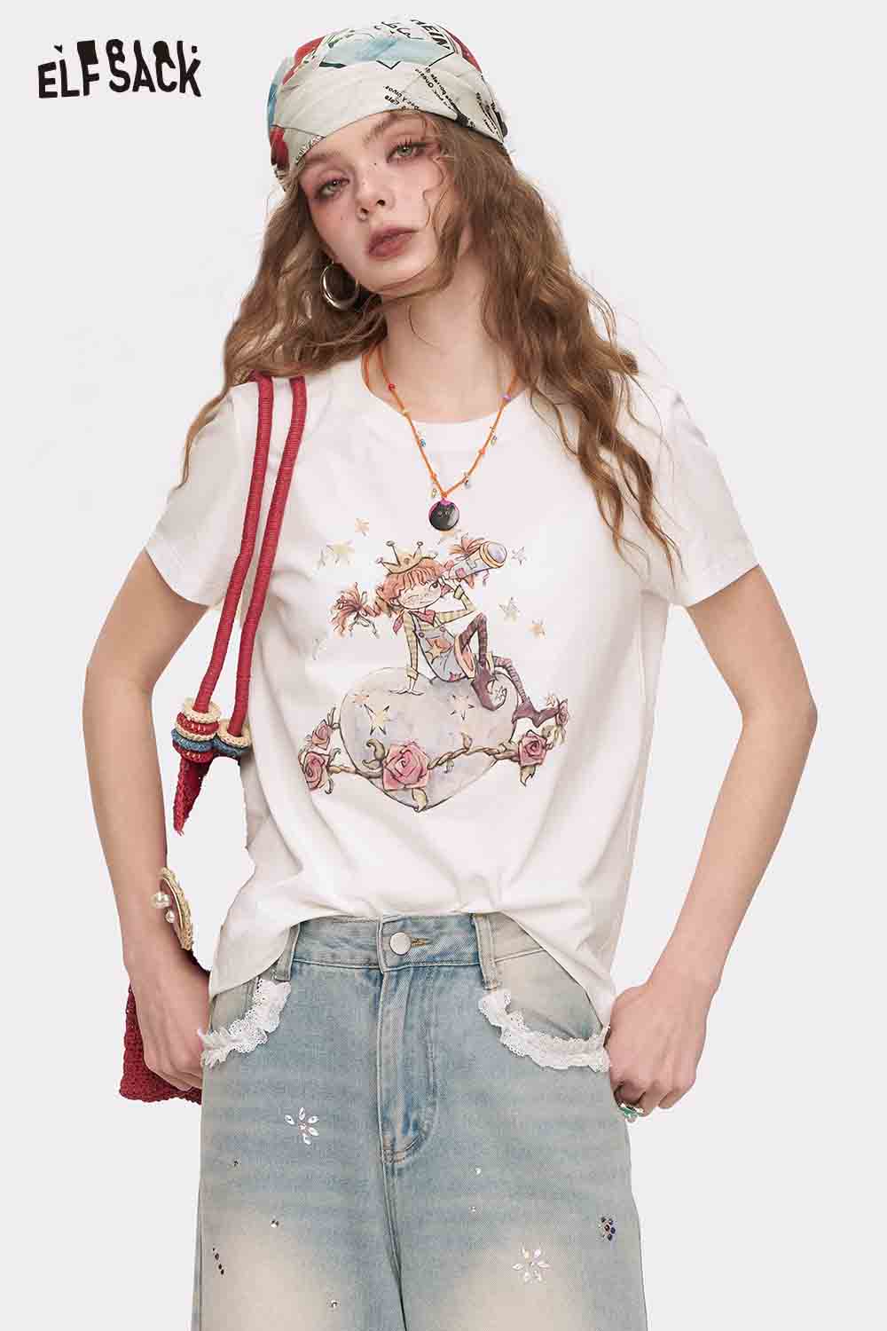 ELFSACK Printed Cotton Loose Short Sleeve Casual Versatile Top