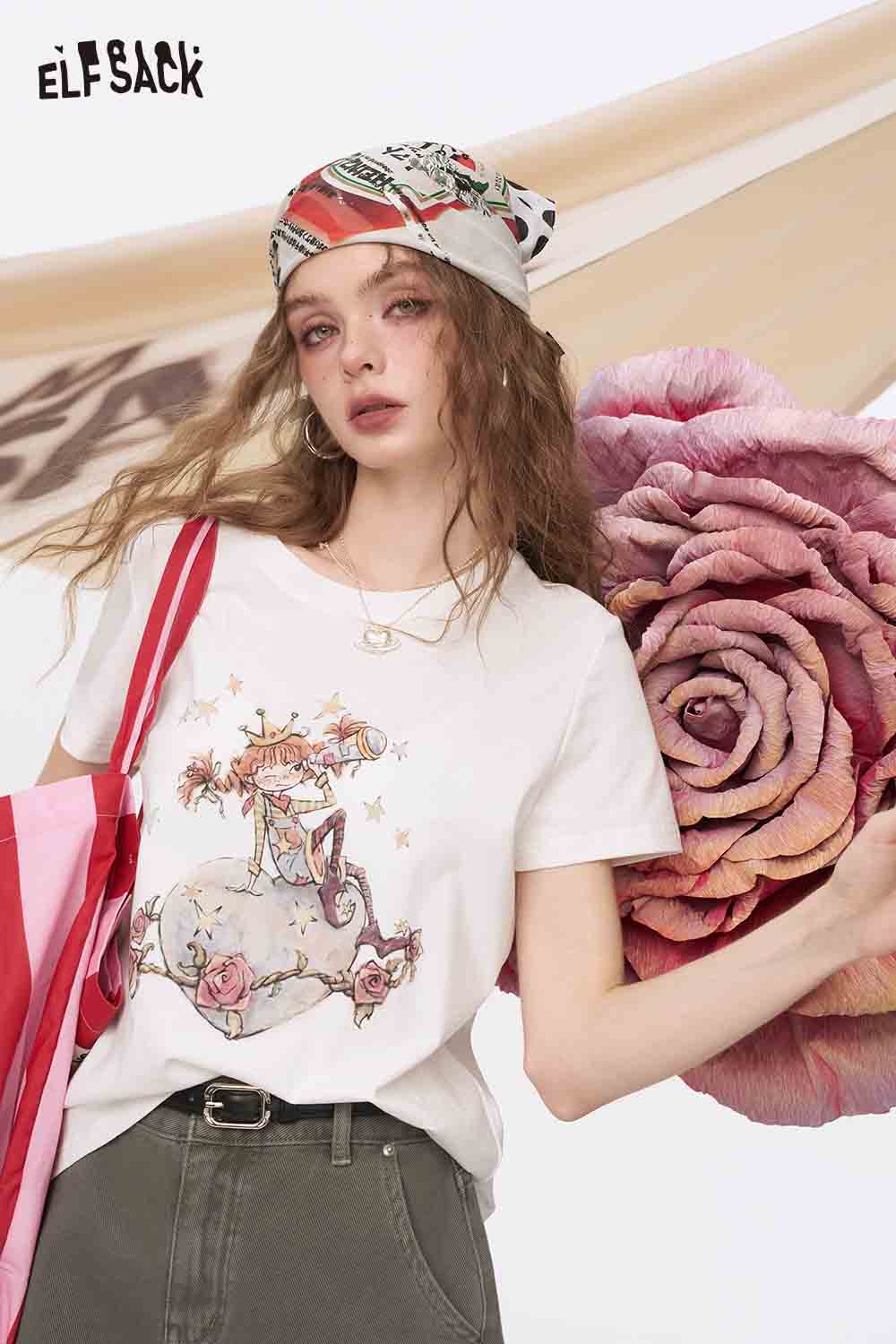 ELFSACK Printed Cotton Loose Short Sleeve Casual Versatile Top