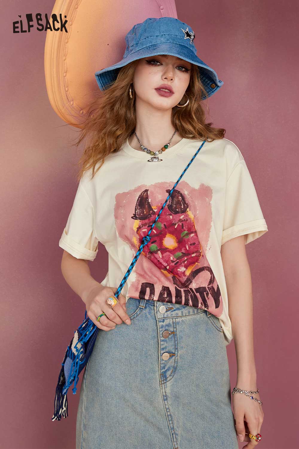 ELFSACK Printed Loose Short Sleeve Hem Slit Mid-Length Top