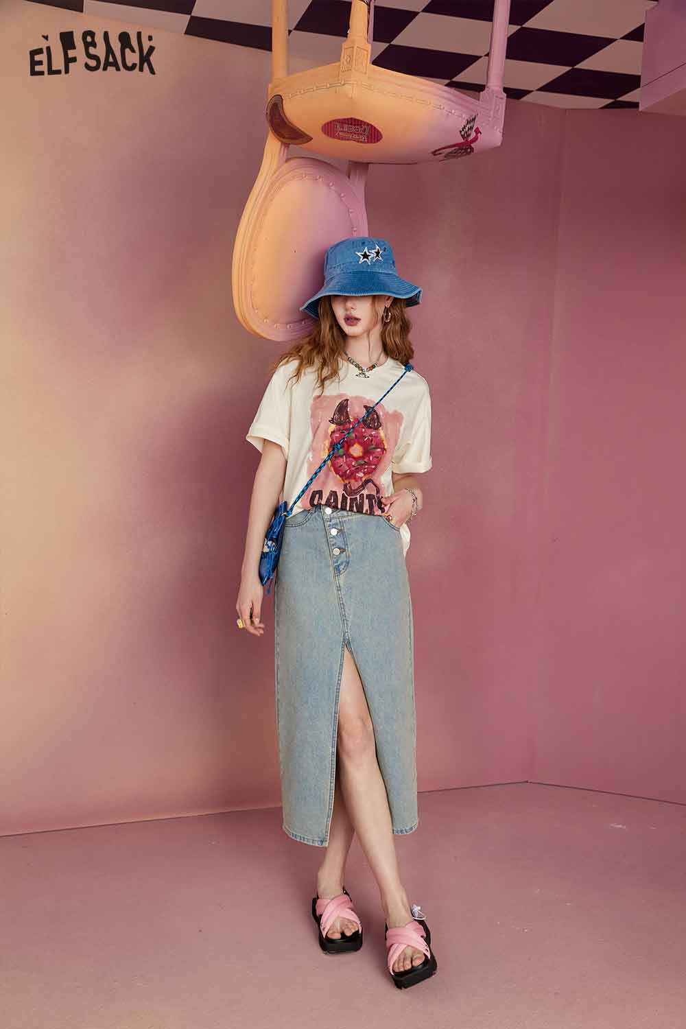 ELFSACK Printed Loose Short Sleeve Hem Slit Mid-Length Top