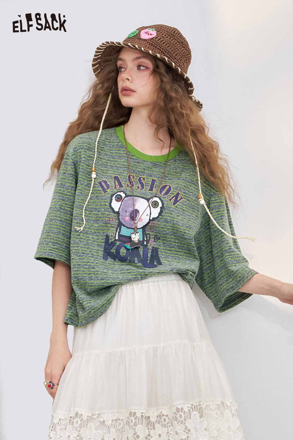 ELFSACK Printed Striped Crewneck Loose Short Sleeve T-Shirt