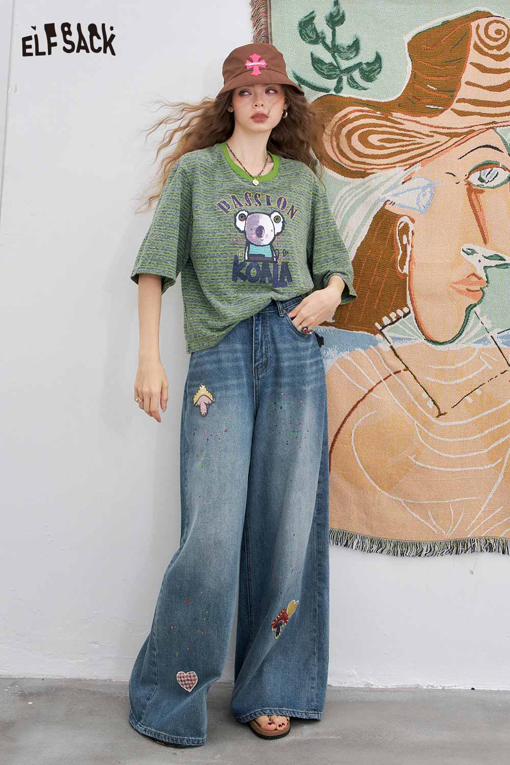 ELFSACK Printed Striped Crewneck Loose Short Sleeve T-Shirt