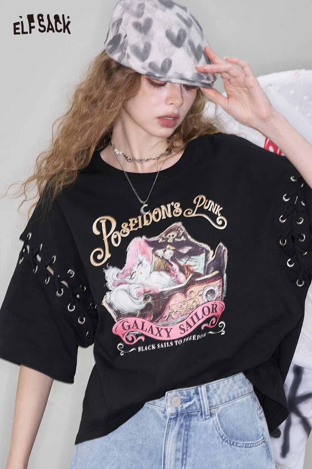ELFSACK Printed Tie-Up Patchwork Loose Short Sleeve T-Shirt