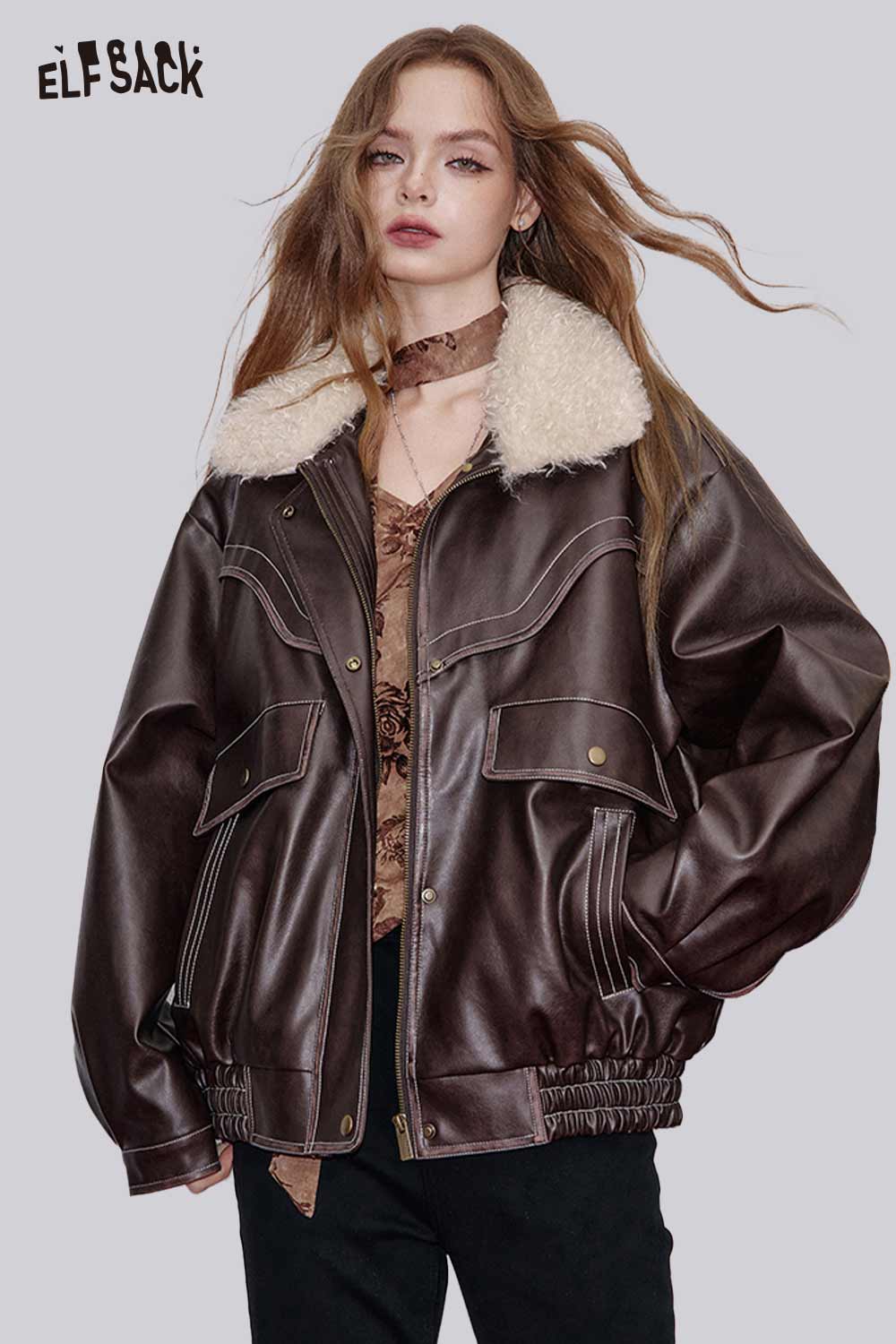 ELFSACK PU Leather Faux Fur Collar Biker Jacket