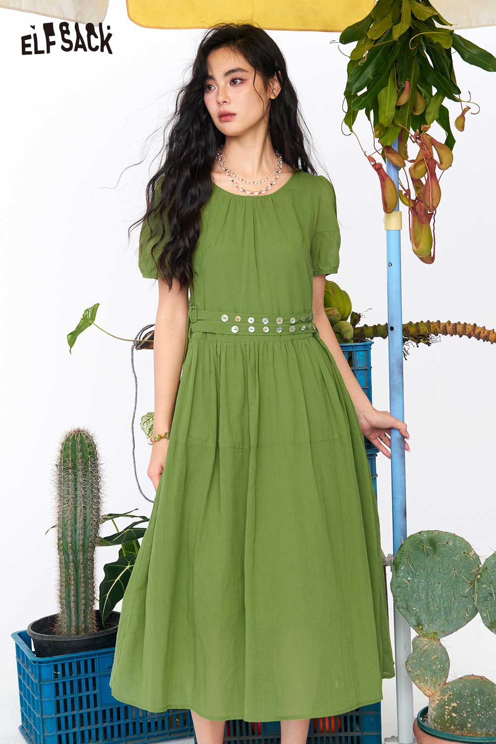 ELFSACK Puff Sleeve Tie Waist Split Midi Dress