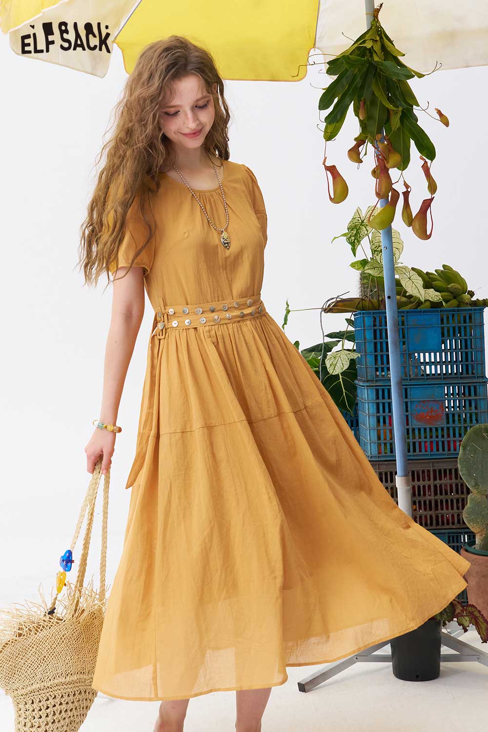 ELFSACK Puff Sleeve Tie Waist Split Midi Dress