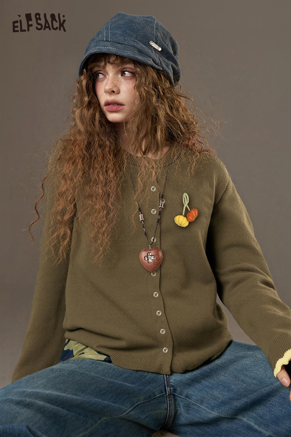 ELFSACK Soft 3D Pumpkin Embroidery Solid Color Knit Cardigan