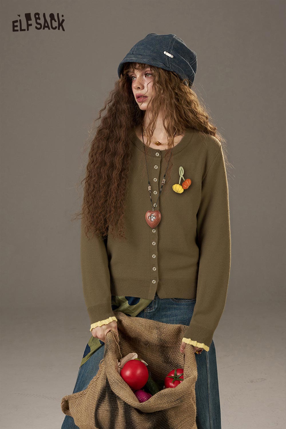 ELFSACK Soft 3D Pumpkin Embroidery Solid Color Knit Cardigan