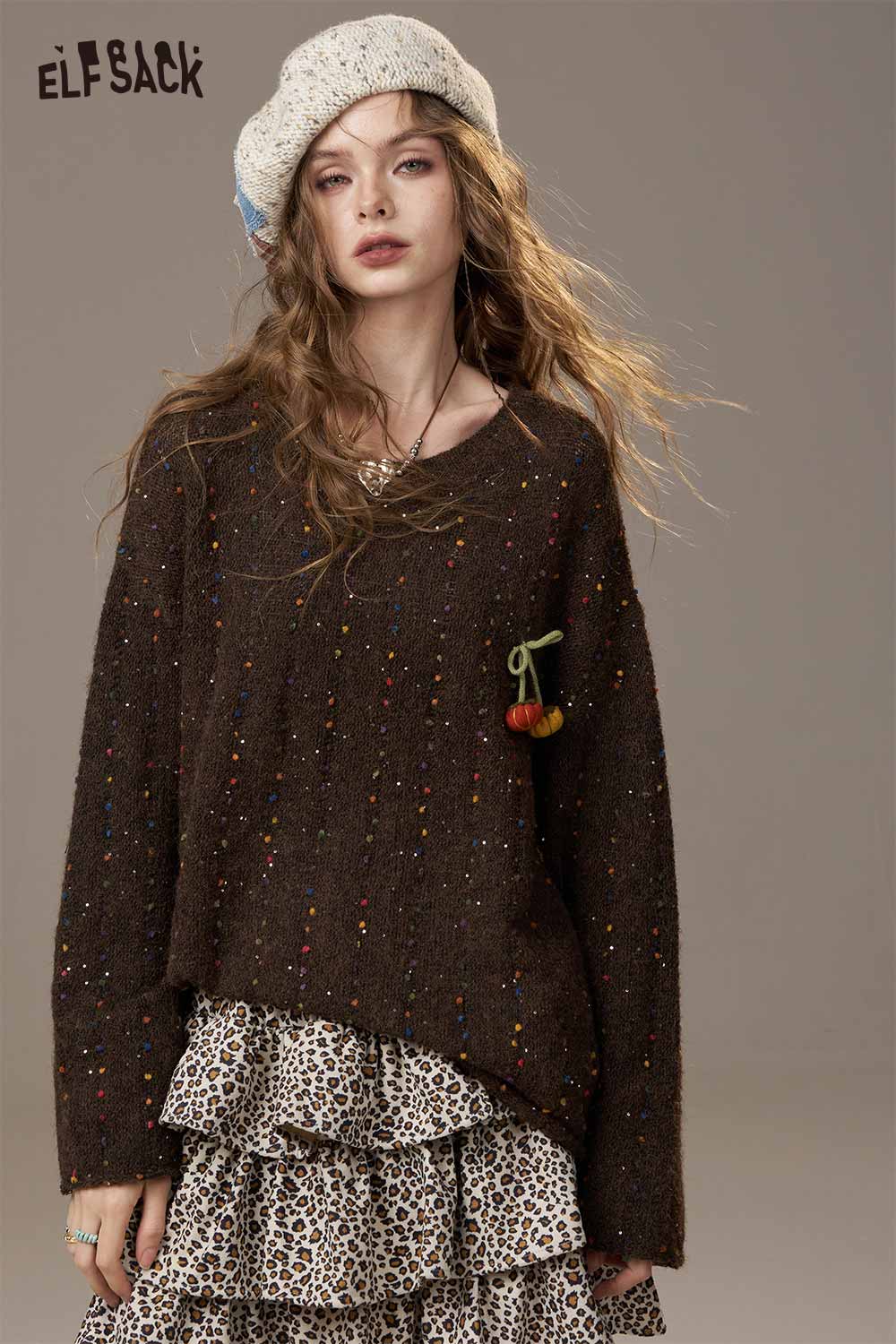 ELFSACK Soft Knit Pumpkin Motif Colorful Bead Accent Loose Fit Sweater