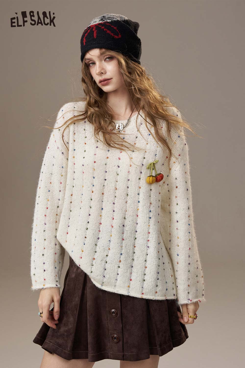 ELFSACK Soft Knit Pumpkin Motif Colorful Bead Accent Loose Fit Sweater