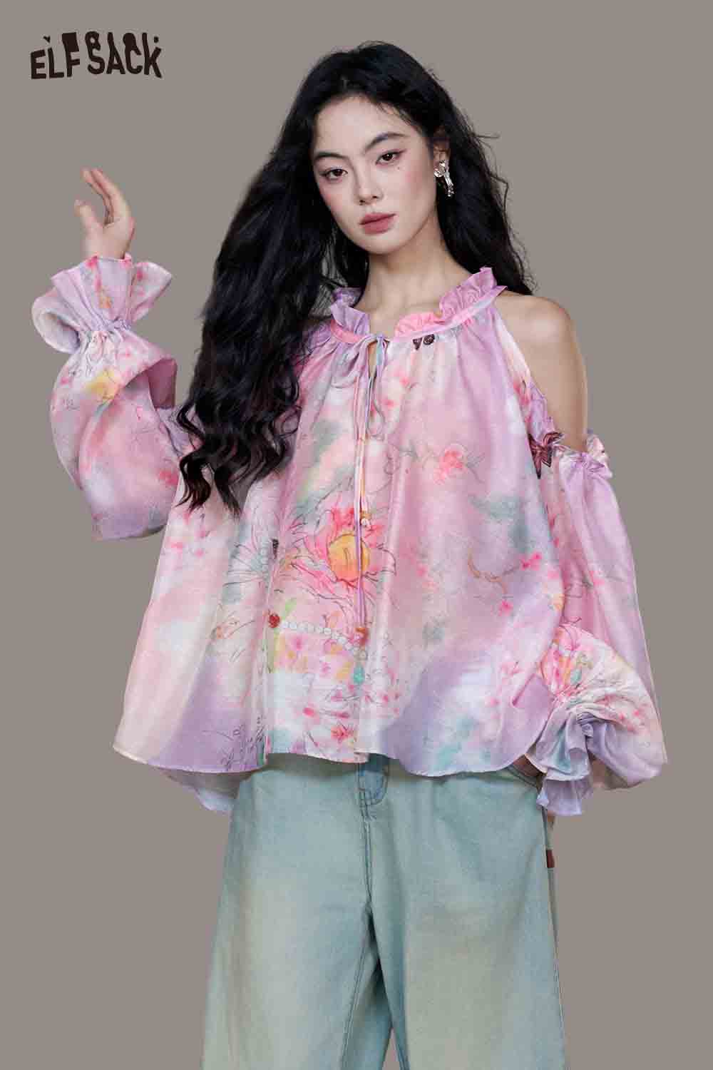 ELFSACK Purple Butterfly One-Shoulder Blouse