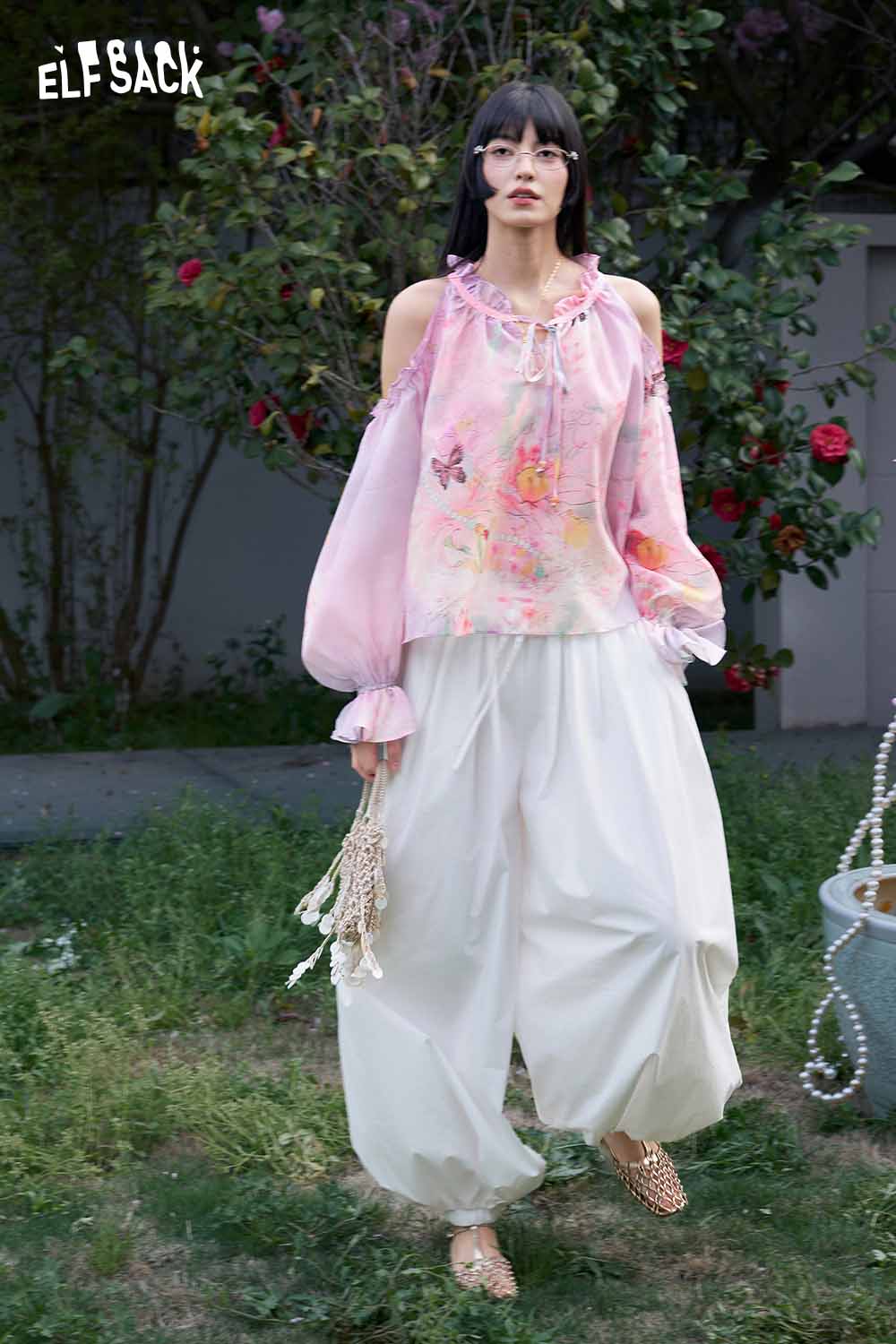 ELFSACK Purple Butterfly One-Shoulder Blouse