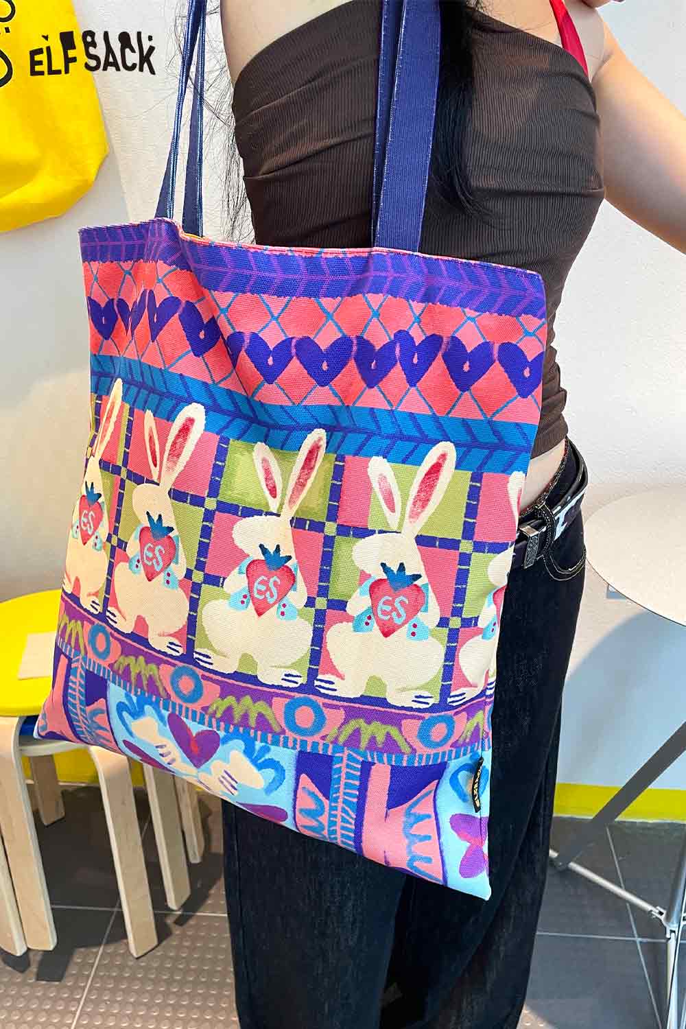 ELFSACK Cotton Canvas Full Coverage Rabbit Graphic Tote Bag