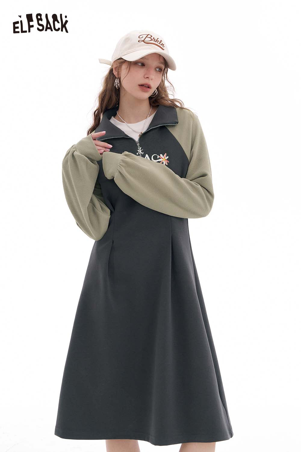 ELFSACK Raglan Color Block Print Dress Slim Waist Sporty