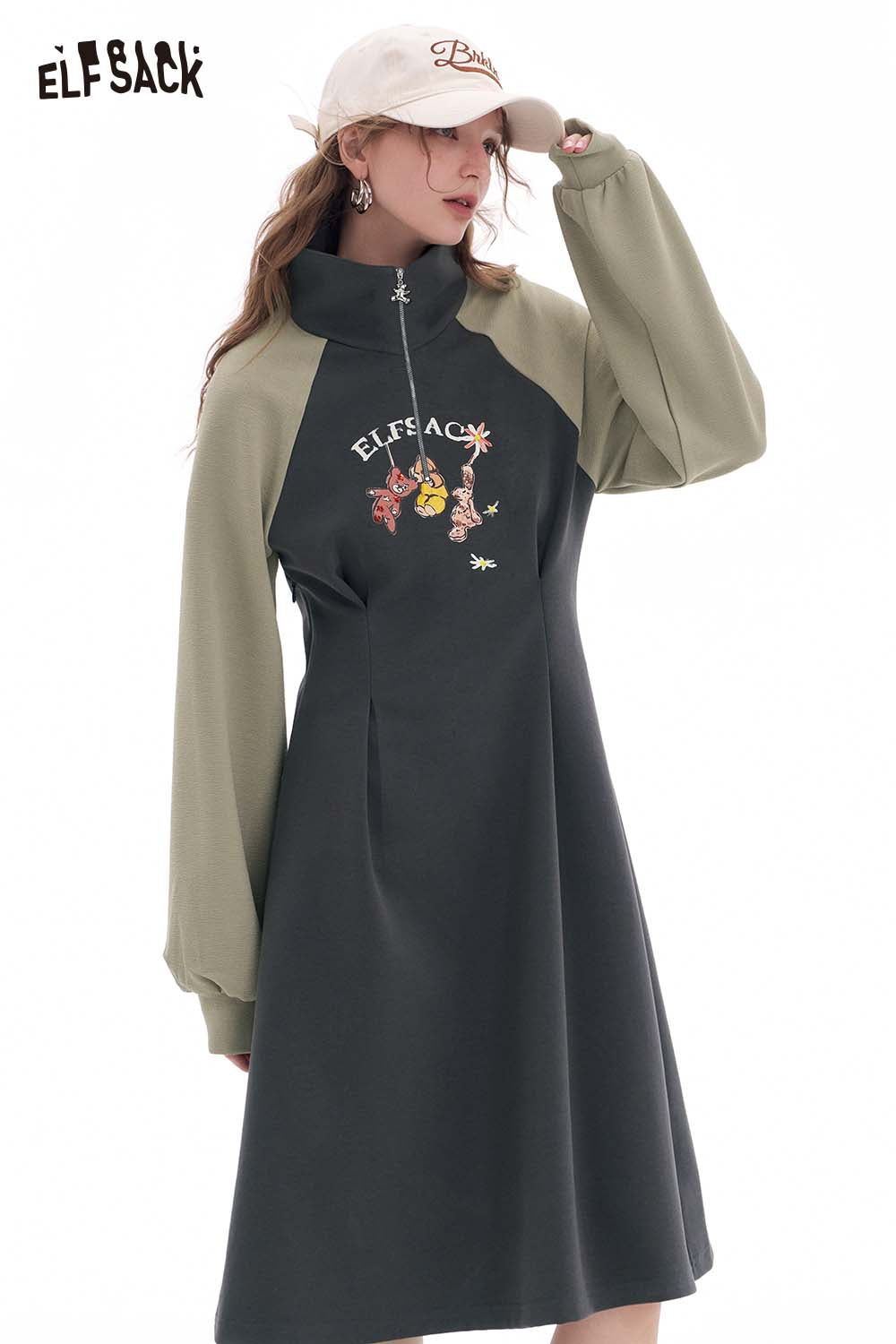 ELFSACK Raglan Color Block Print Dress Slim Waist Sporty