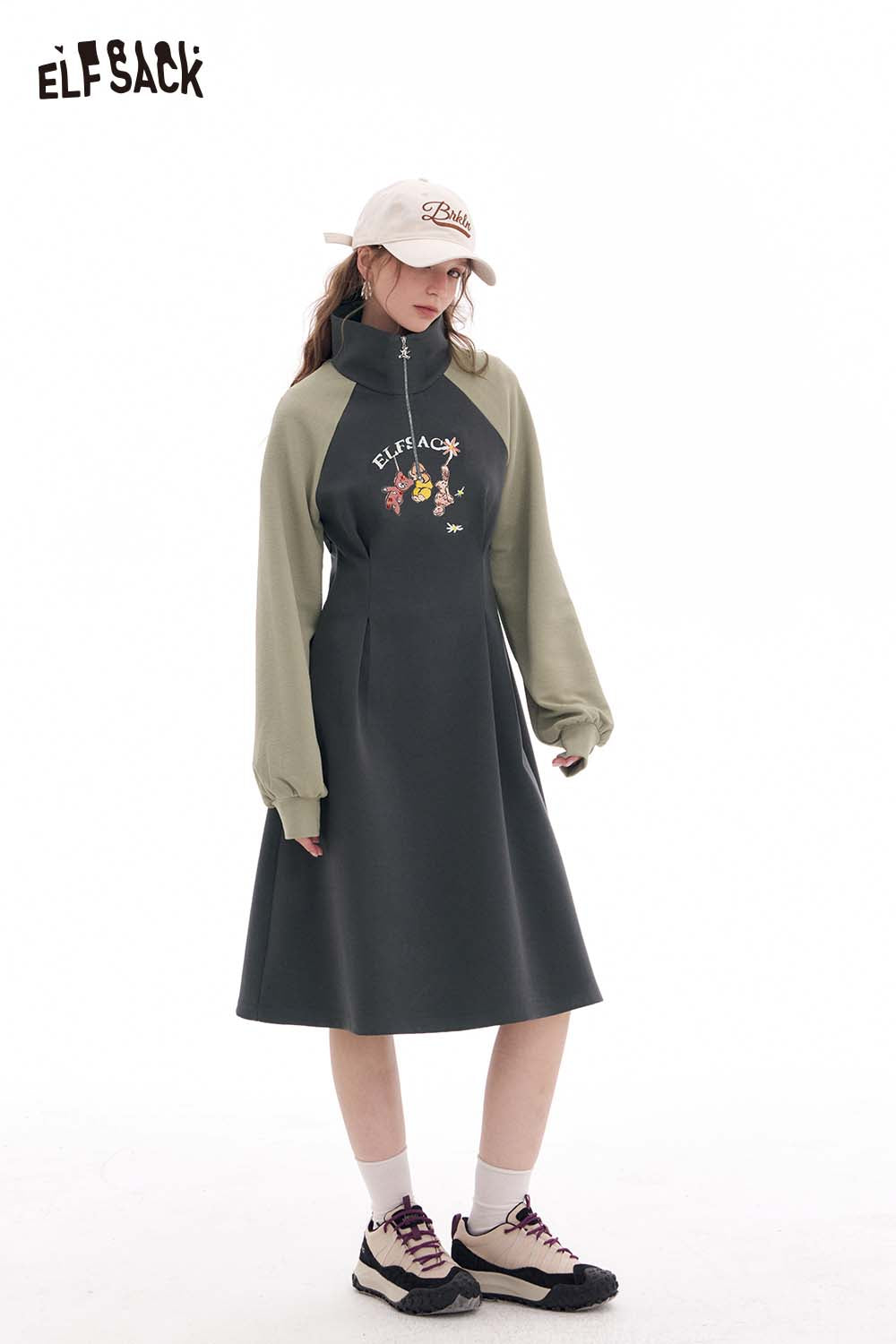 ELFSACK Raglan Color Block Print Dress Slim Waist Sporty