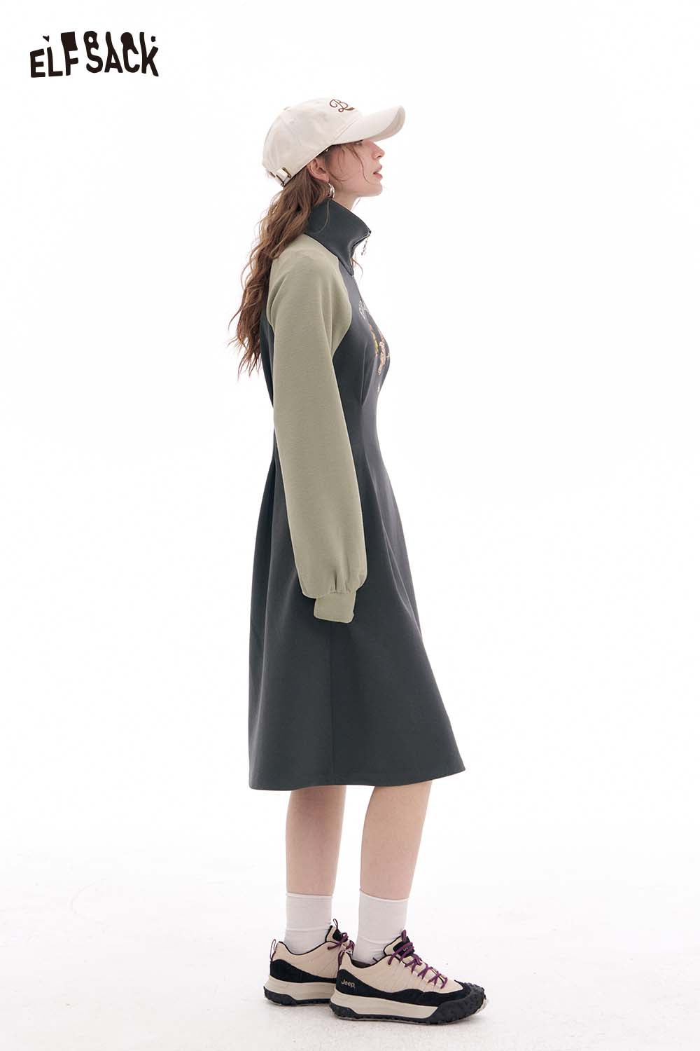 ELFSACK Raglan Color Block Print Dress Slim Waist Sporty