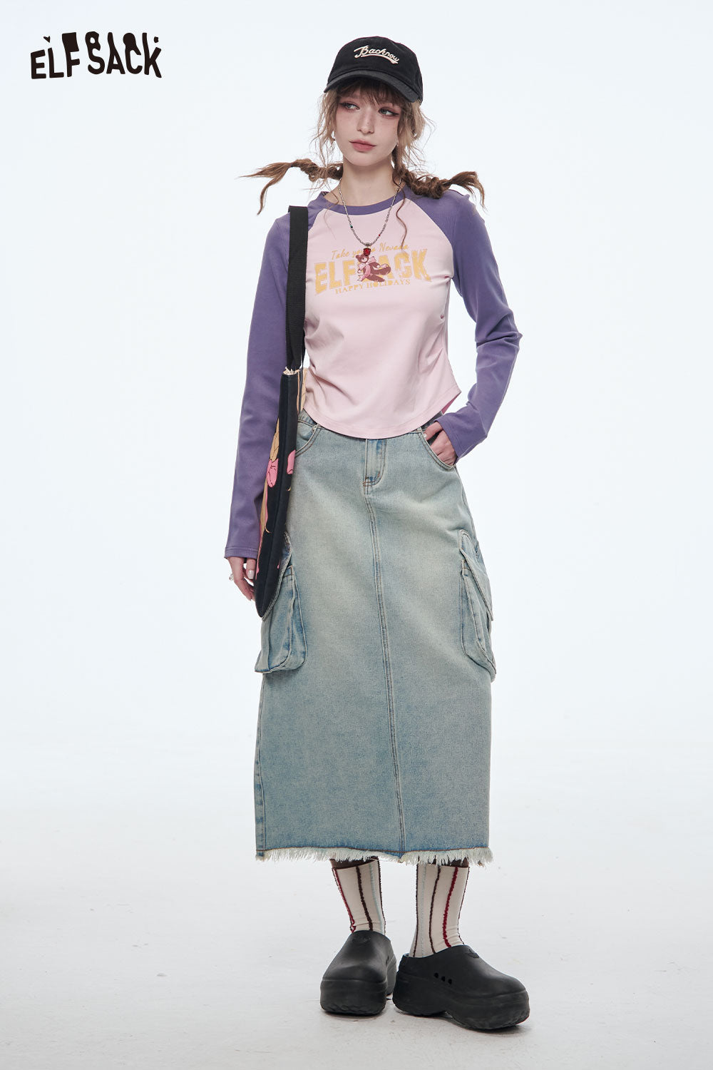 ELFSACK Raglan Sleeve Cropped Color Block Slimming T-shirt