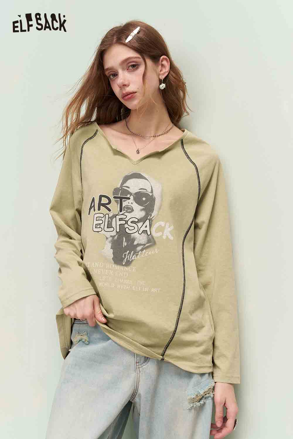 ELFSACK Raglan Sleeve Tshirt with Portrait Print
