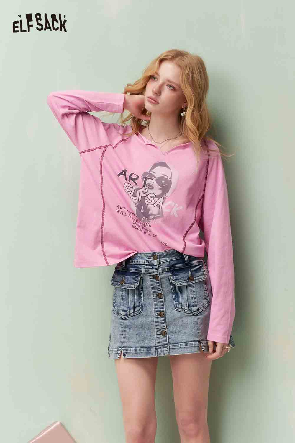 ELFSACK Raglan Sleeve Tshirt with Portrait Print