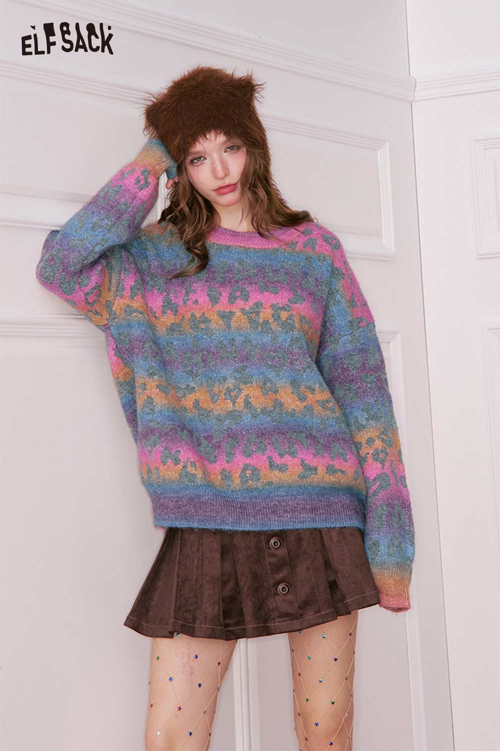 ELFSACK Casual Loose Rainbow Gradient Spot Print Round Neck Sweater