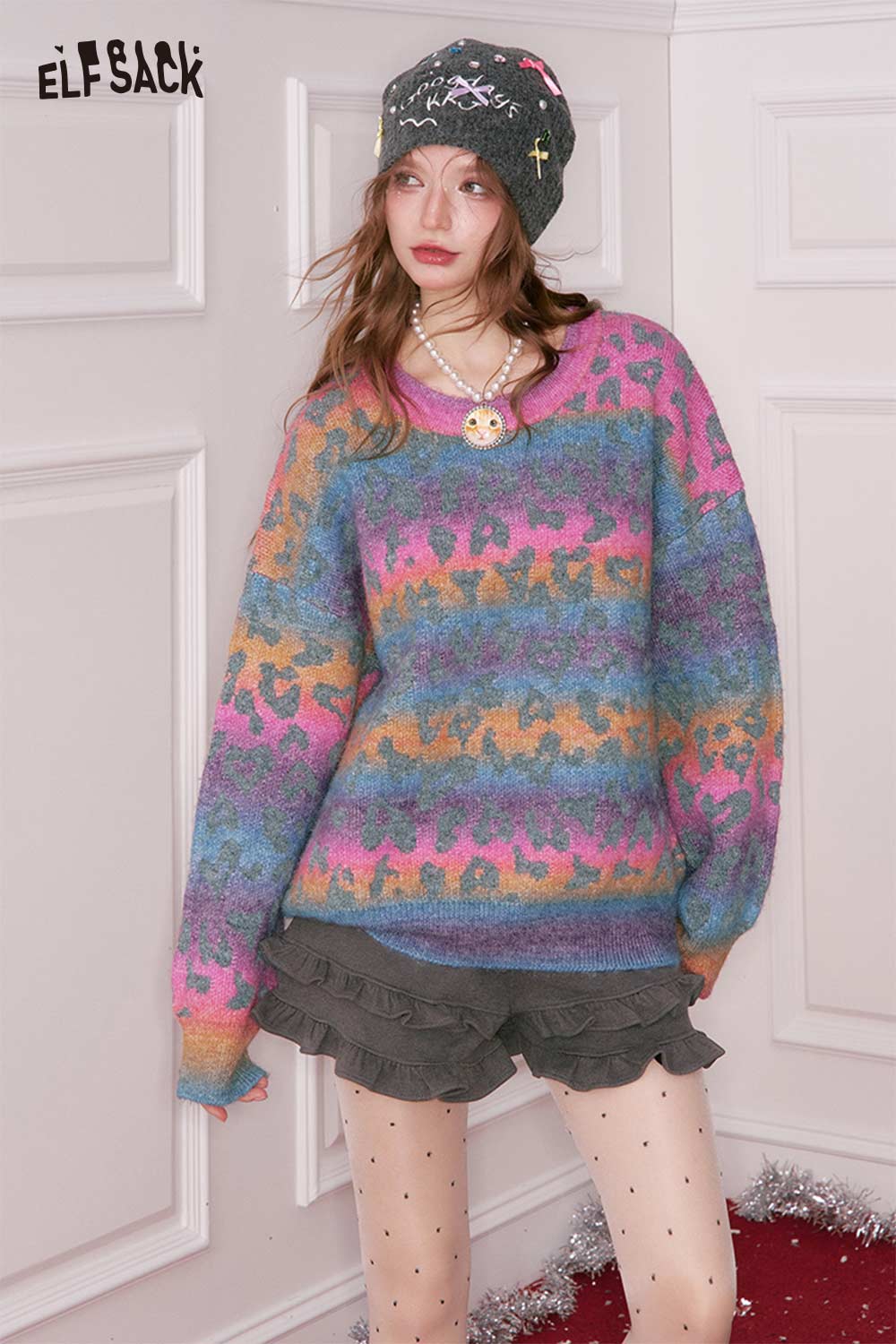 ELFSACK Casual Loose Rainbow Gradient Spot Print Round Neck Sweater