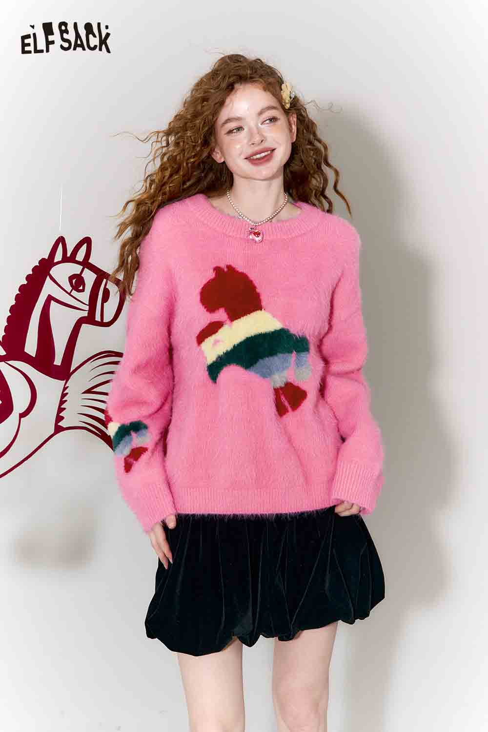 ELFSACK Sweet Rainbow Pony Jacquard Round Neck Faux Fur Pullover Sweater