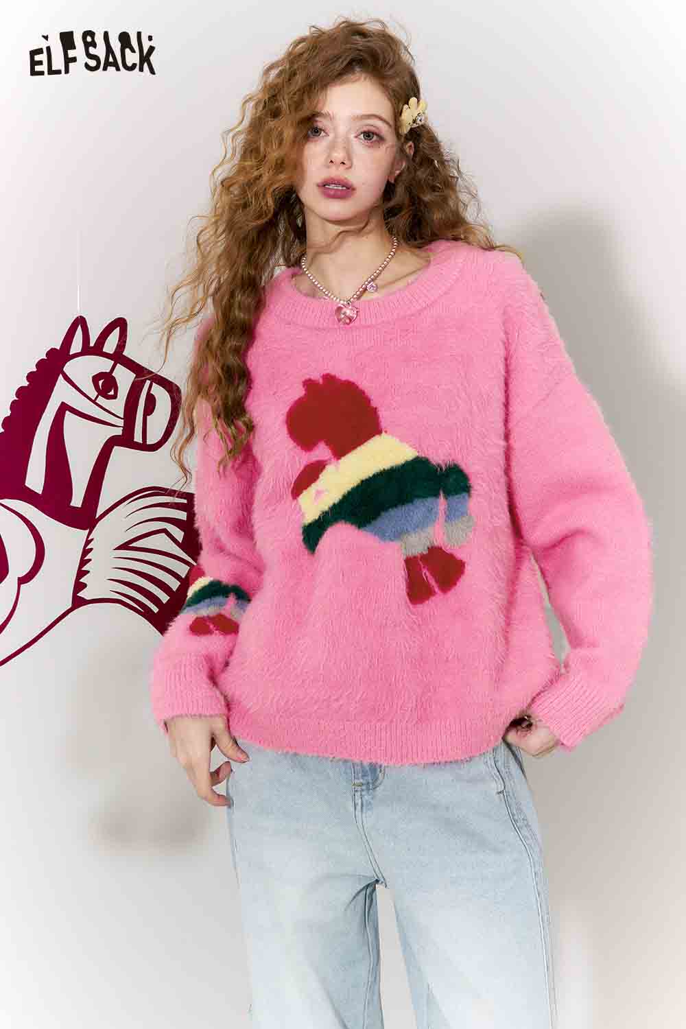 ELFSACK Sweet Rainbow Pony Jacquard Round Neck Faux Fur Pullover Sweater