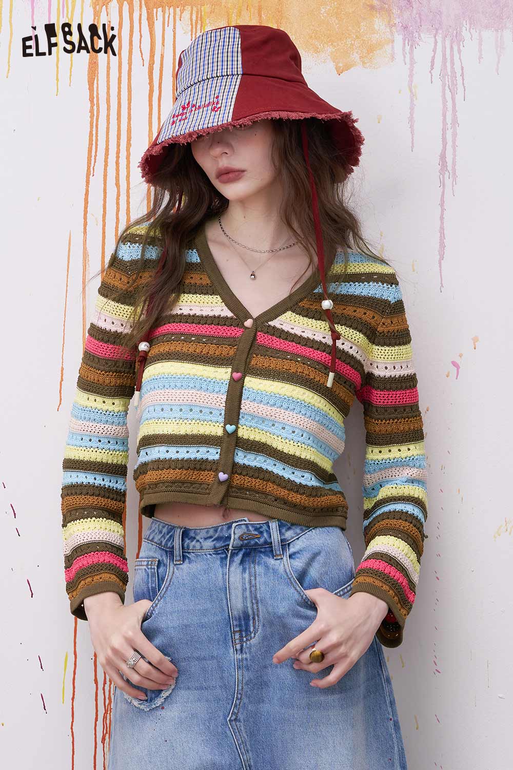 ELFSACK Rainbow Striped Knit Sweater with Colorful Ombre