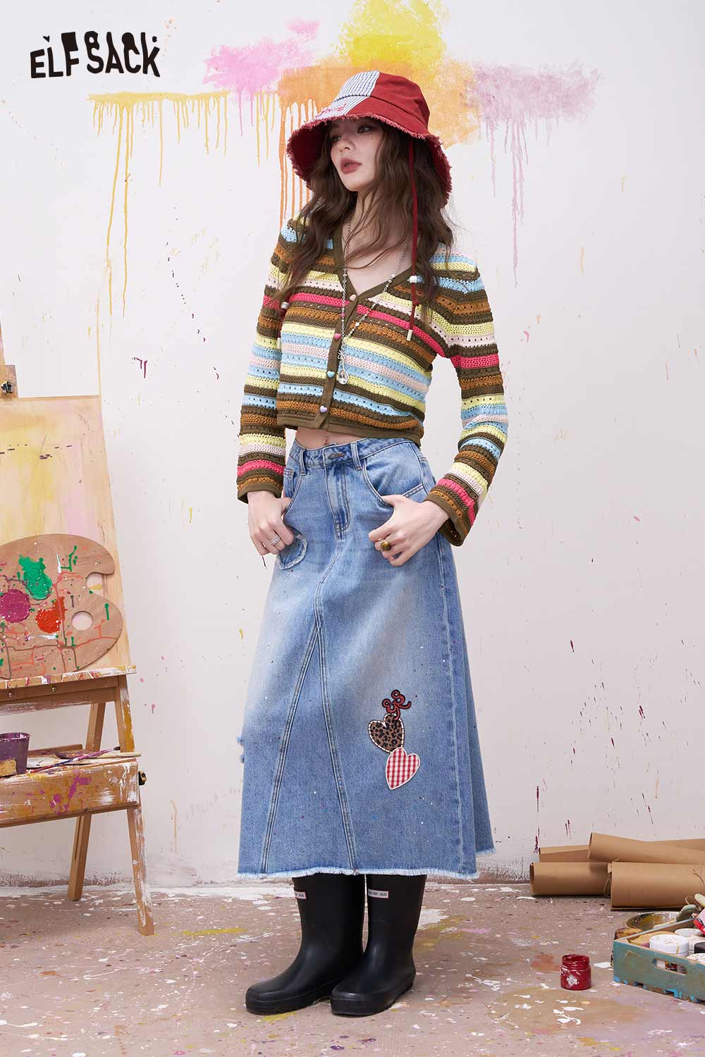 ELFSACK Rainbow Striped Knit Sweater with Colorful Ombre