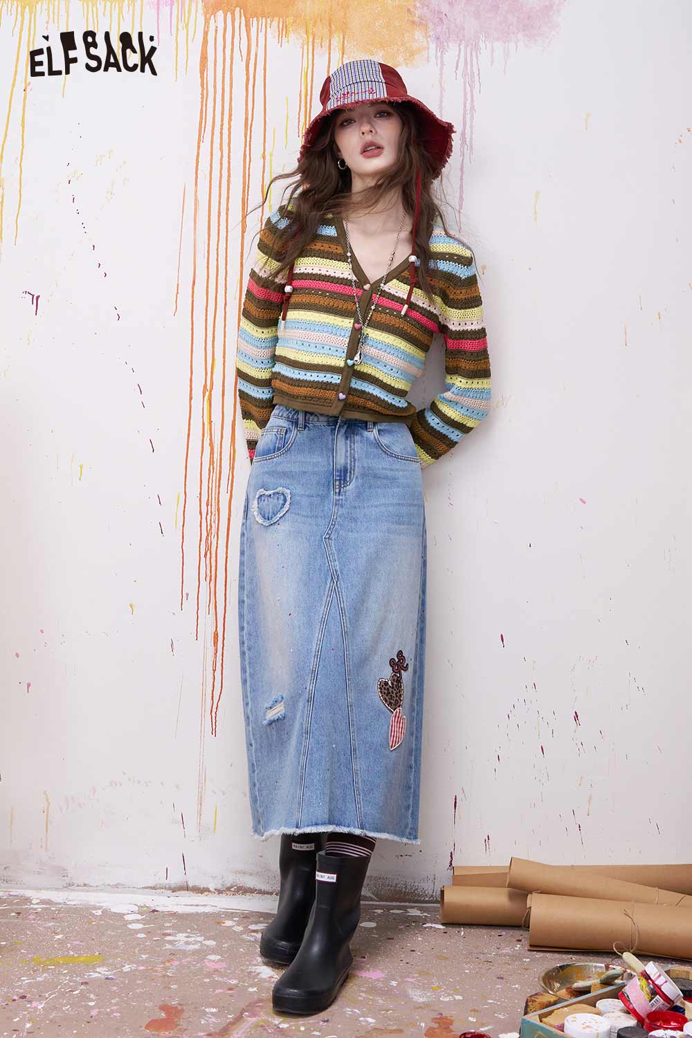 ELFSACK Rainbow Striped Knit Sweater with Colorful Ombre