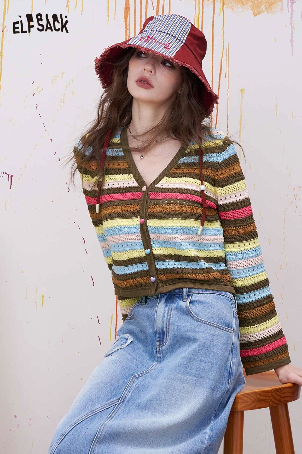 ELFSACK Rainbow Striped Knit Sweater with Colorful Ombre