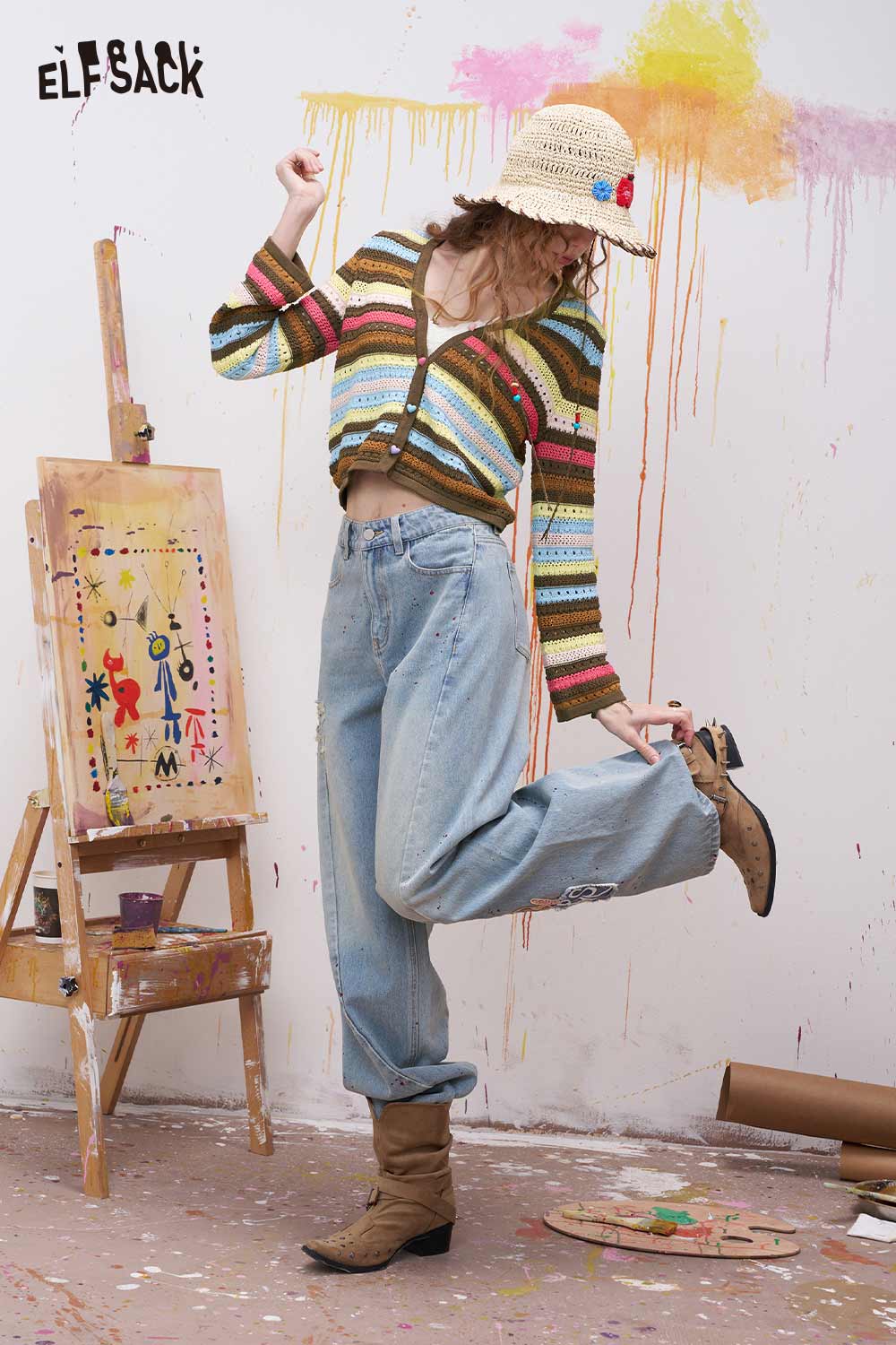 ELFSACK Rainbow Striped Knit Sweater with Colorful Ombre