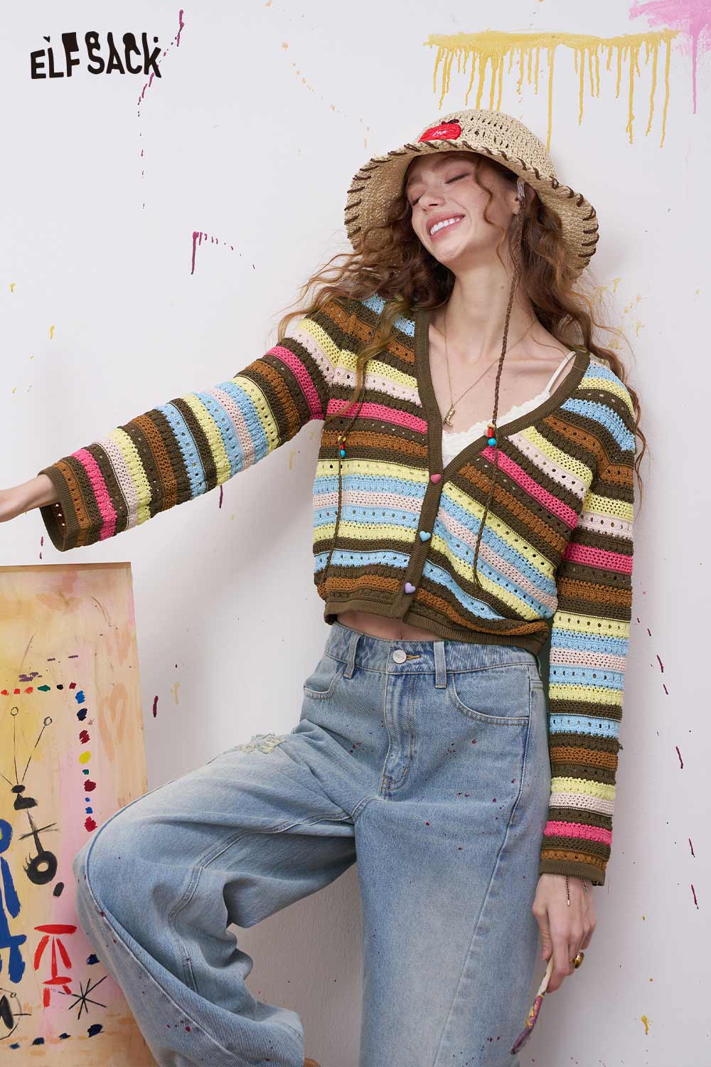 ELFSACK Rainbow Striped Knit Sweater with Colorful Ombre