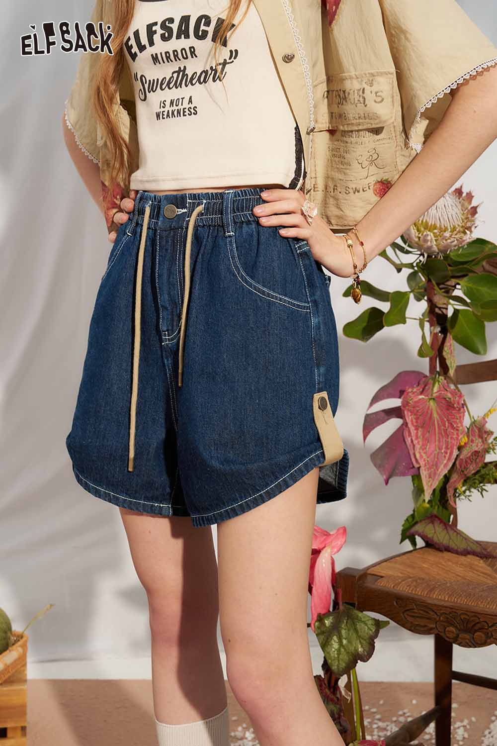 ELFSACK Raw Denim Drawstring Adjustable Denim Shorts
