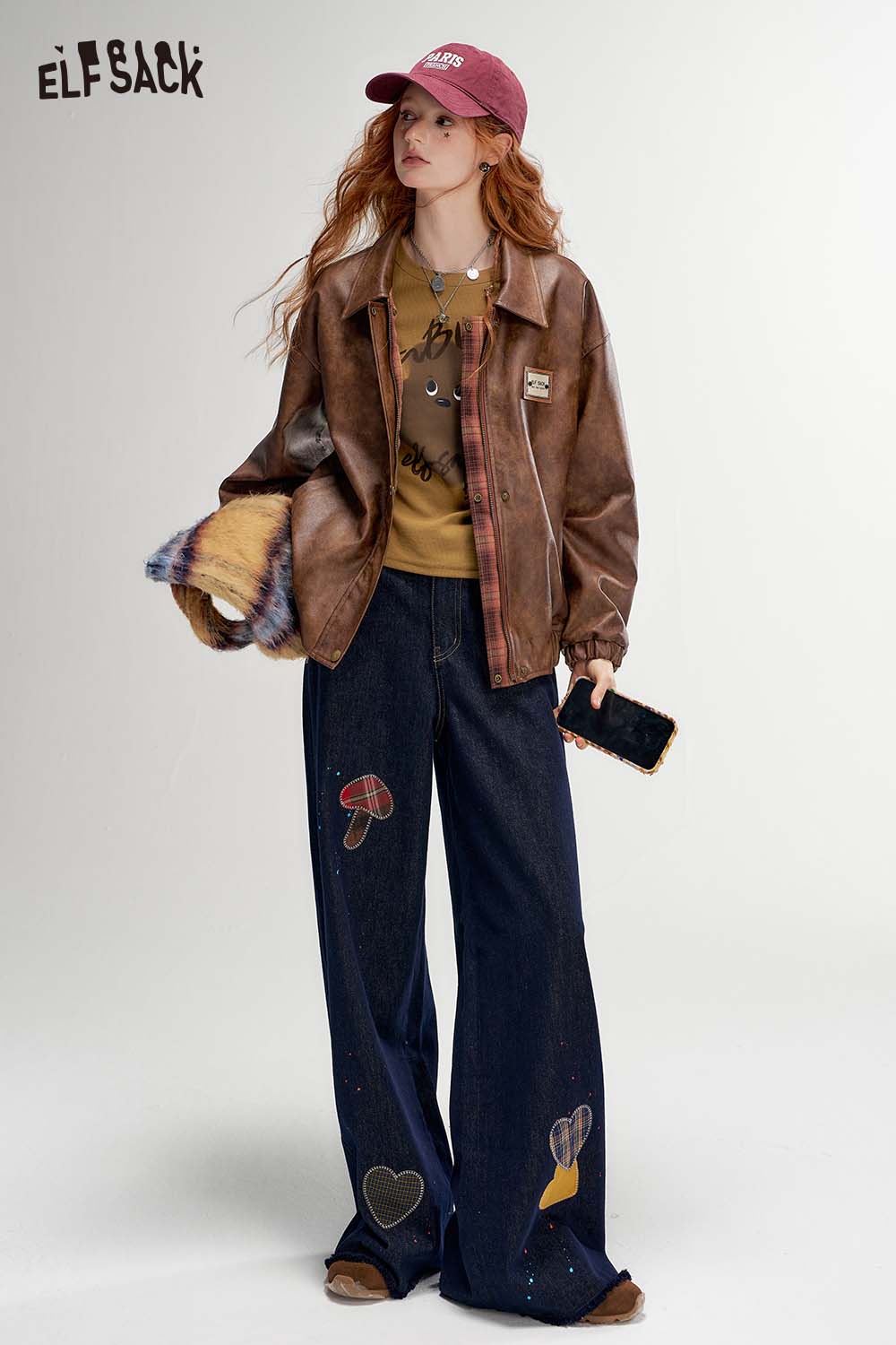 ELFSACK Raw Edge Graphic Wide Leg Straight Floor Length Jeans